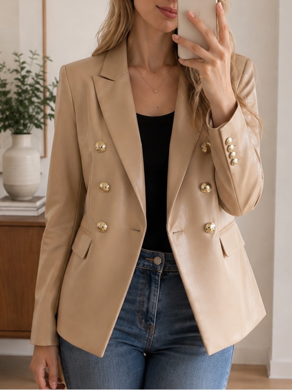 Rachel Zoe Beige Faux Leather Double-Breasted Blazer with Gold Buttons